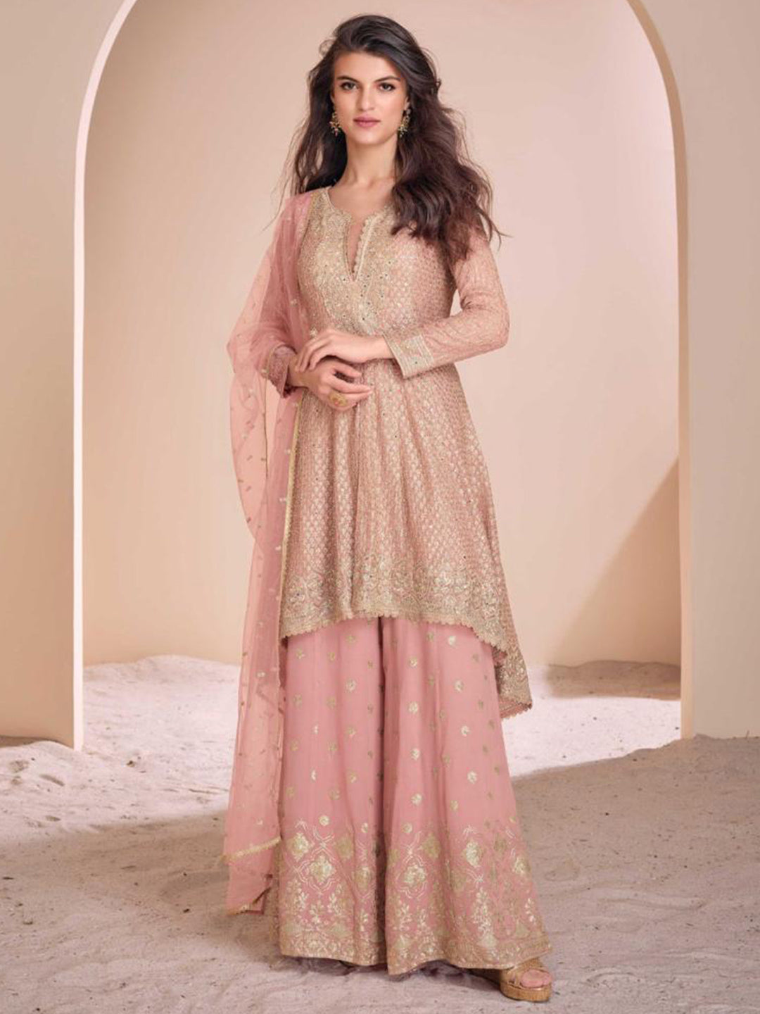 Georgette Festive Readymade Salwar Kameez in Pink with Zari work-750044