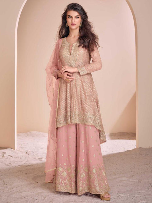 Georgette Festive Readymade Salwar Kameez in Pink with Zari work-750044
