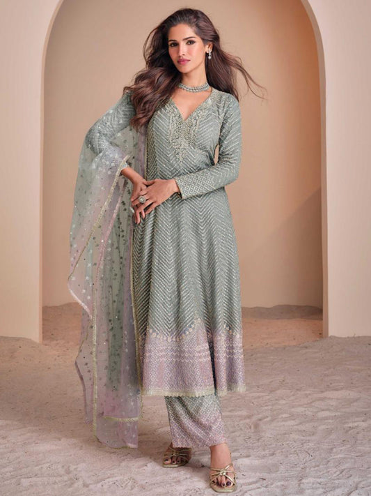 Georgette Festive Readymade Salwar Kameez in Grey with Zari work-750045
