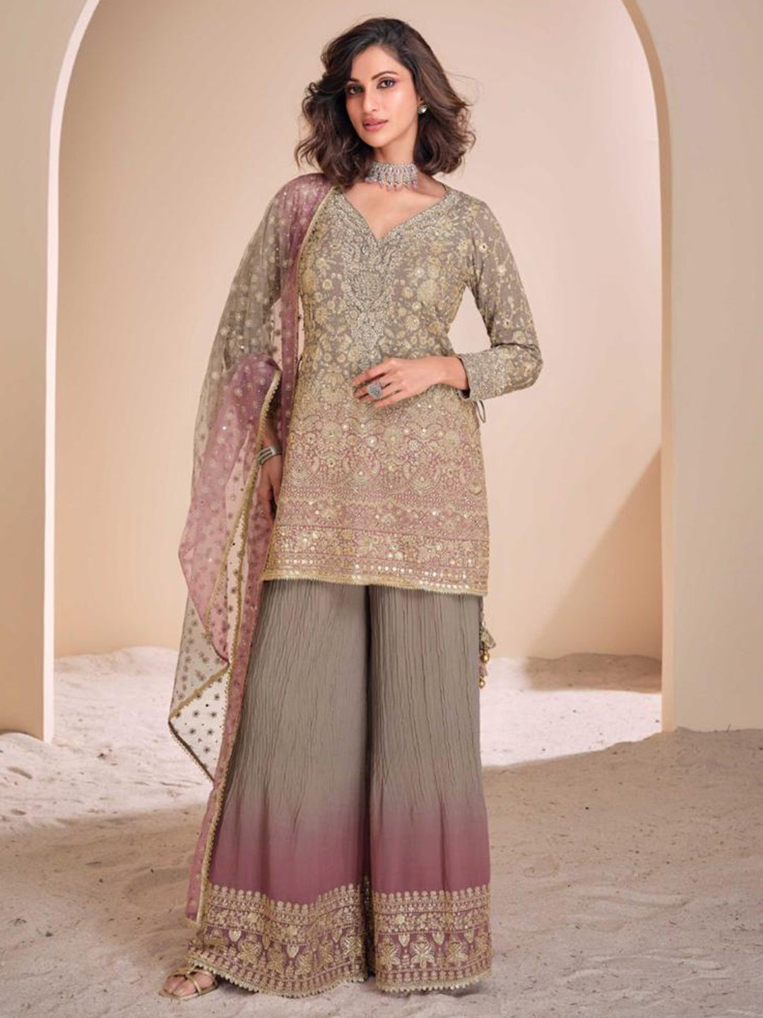 Georgette Festive Readymade Salwar Kameez in Grey with Zari work-750046