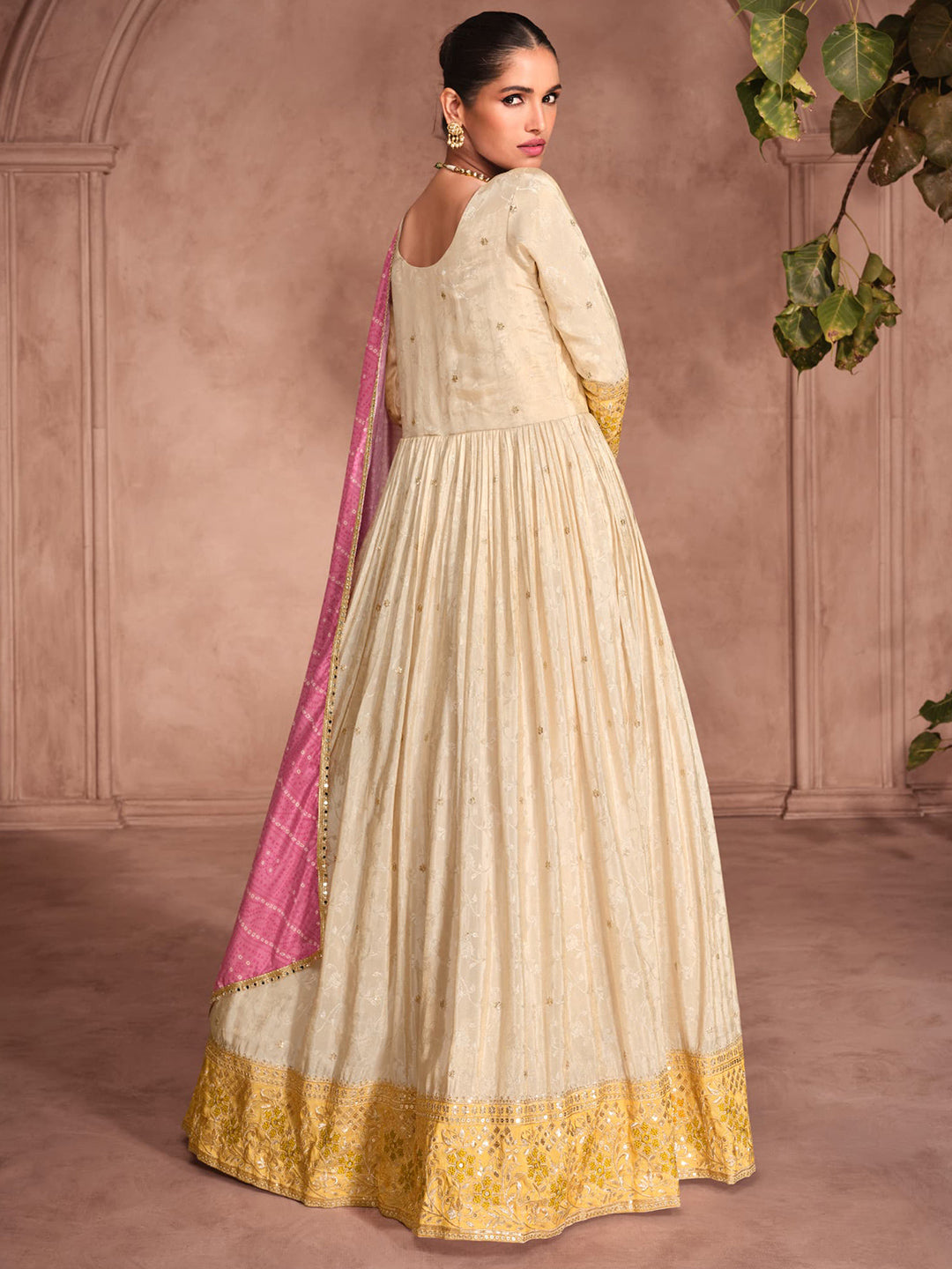 Viscose Simar Jacquard Festive Readymade Gown in Beig with Zari work-750055