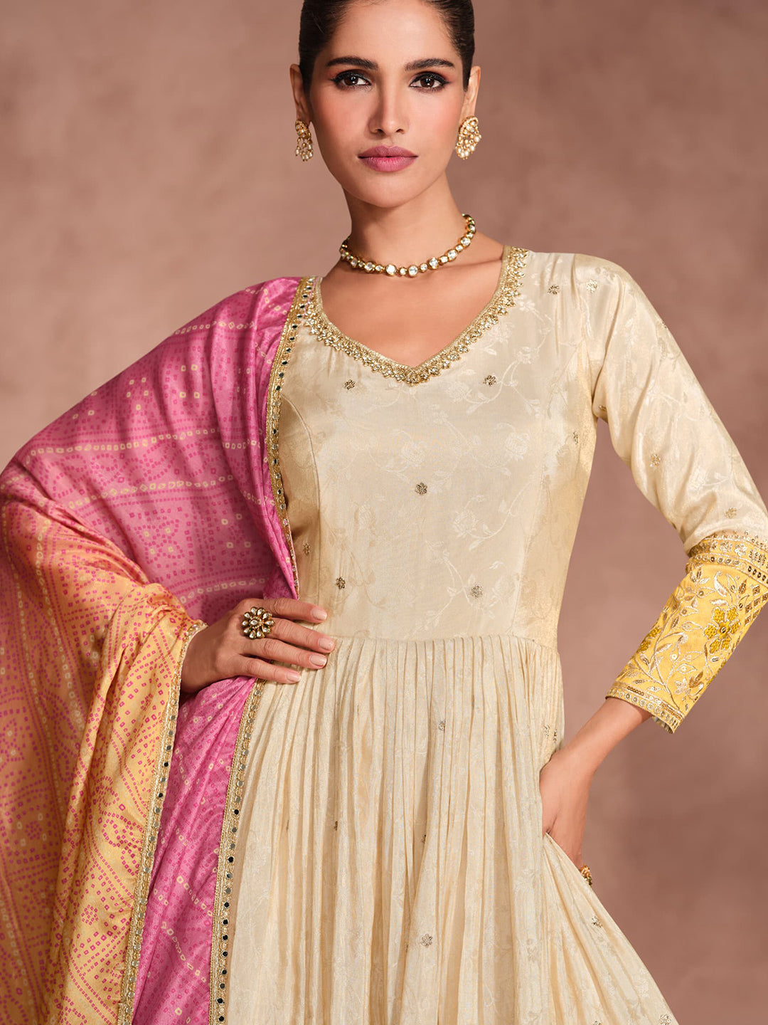 Viscose Simar Jacquard Festive Readymade Gown in Beig with Zari work-750055