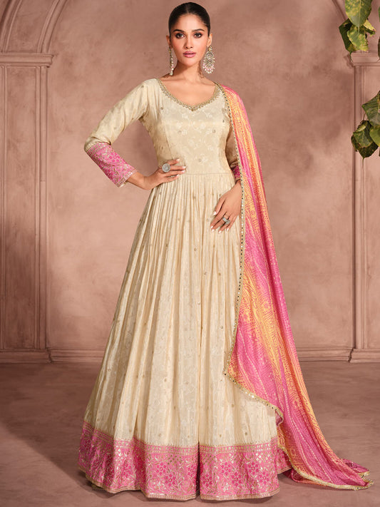 Viscose Simar Jacquard Festive Readymade Gown in Beig with Zari work-750056