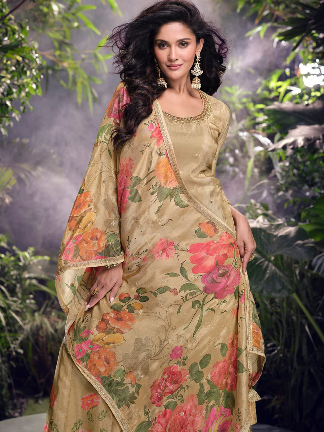 Chinon Festive Readymade Salwar Kameez in Beig with Zari work-750054