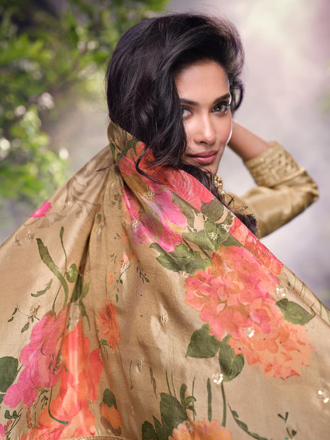 Chinon Festive Readymade Salwar Kameez in Beig with Zari work-750054
