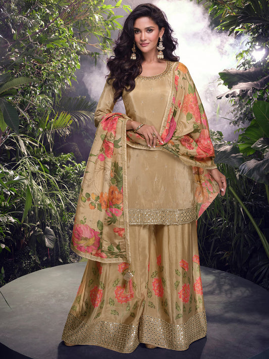 Chinon Festive Readymade Salwar Kameez in Beig with Zari work-750054
