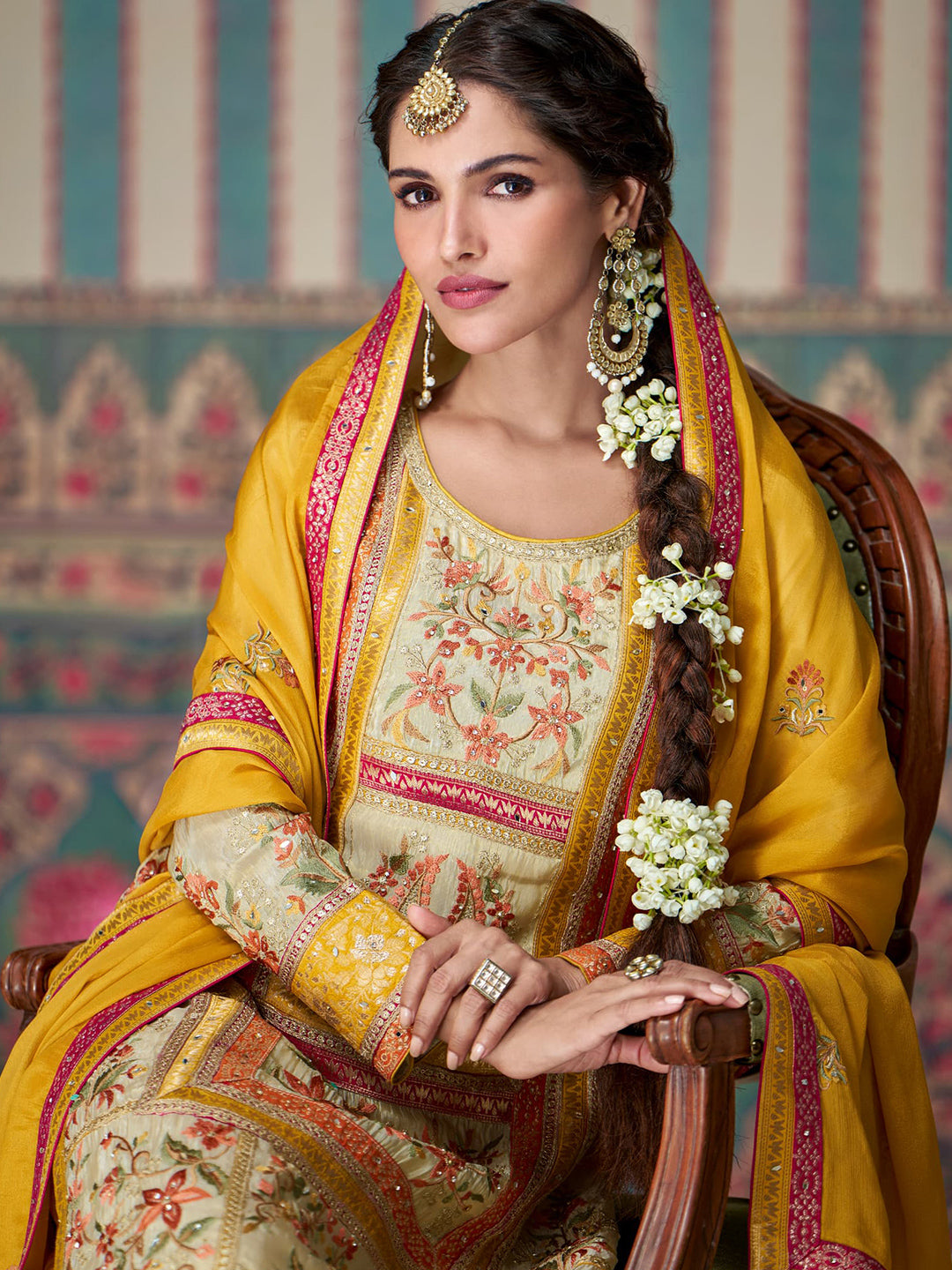 Simar & Muslin Jacquard Silk Festive Readymade Salwar Kameez in Yellow with Zari work-750051