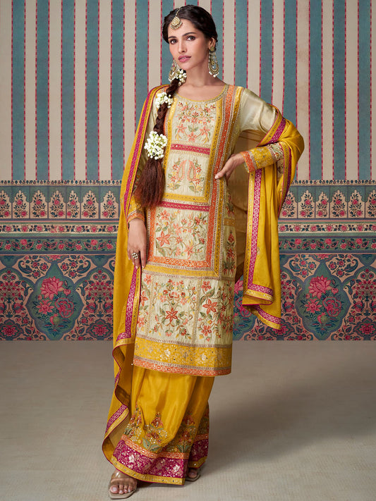 Simar & Muslin Jacquard Silk Festive Readymade Salwar Kameez in Yellow with Zari work-750051