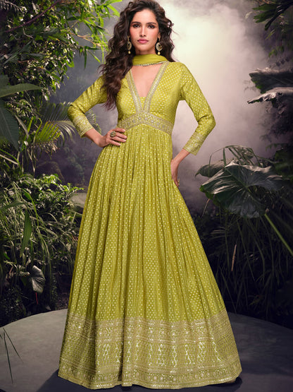 Simar Jacquard Festive Readymade Gown in Beig with Zari work-750057
