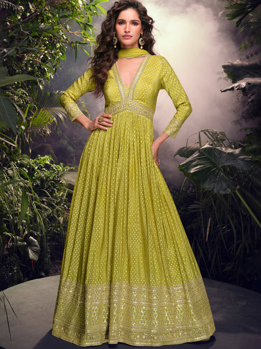 Simar Jacquard Festive Readymade Gown in Beig with Zari work-750057