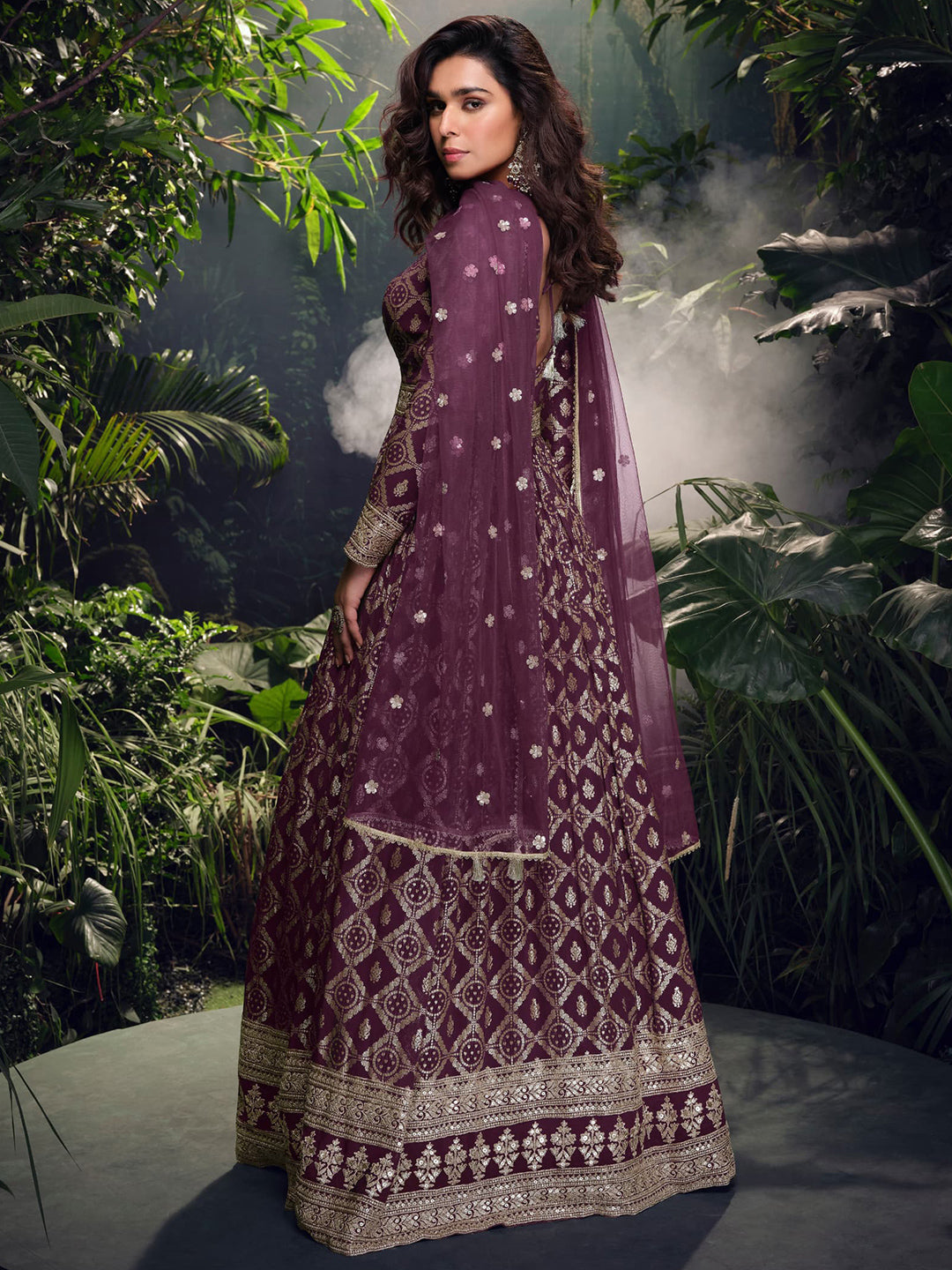 Simar Jacquard Festive Readymade Gown in Purple with Zari work-750058
