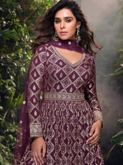 Simar Jacquard Festive Readymade Gown in Purple with Zari work-750058