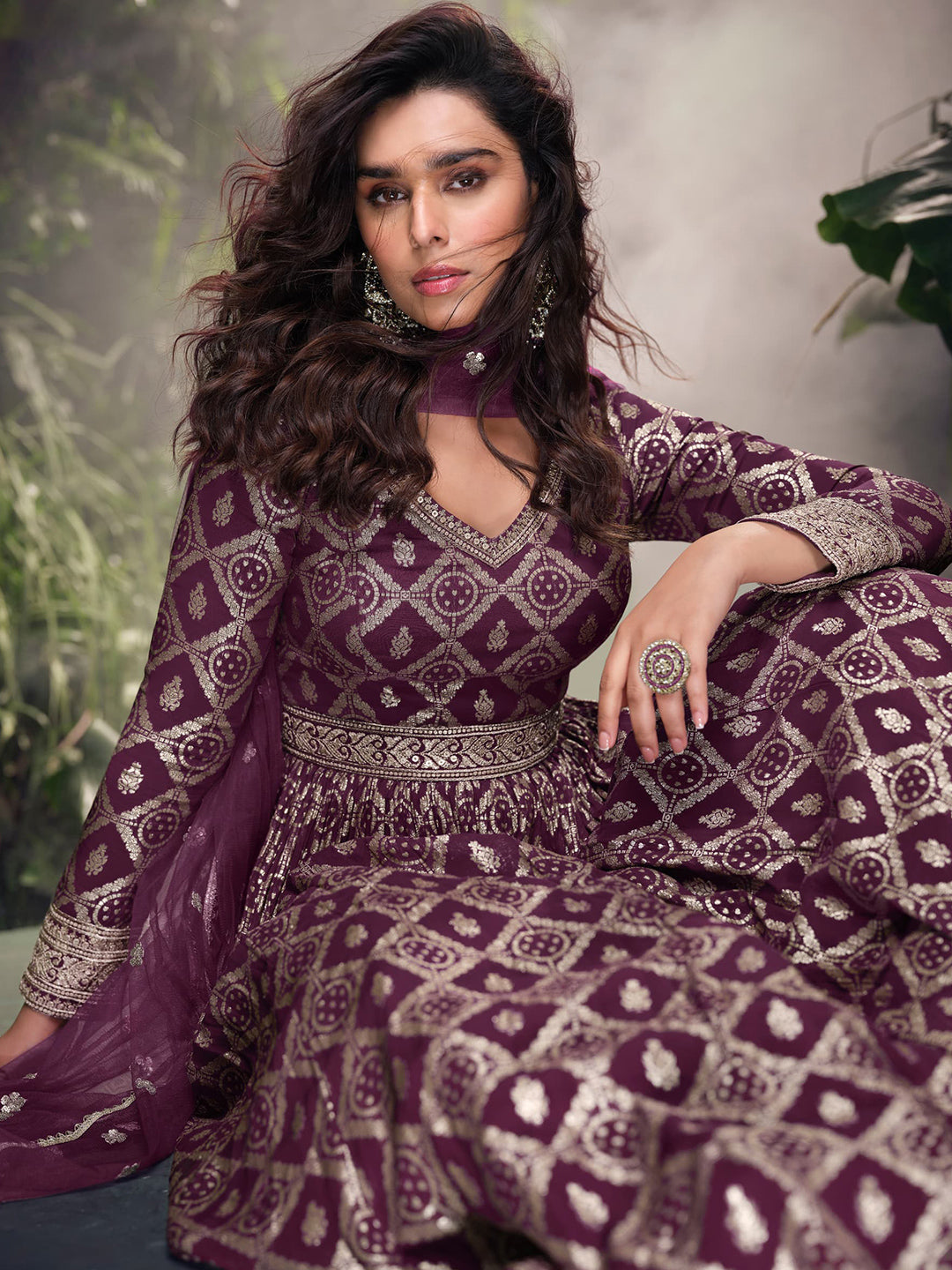 Simar Jacquard Festive Readymade Gown in Purple with Zari work-750058