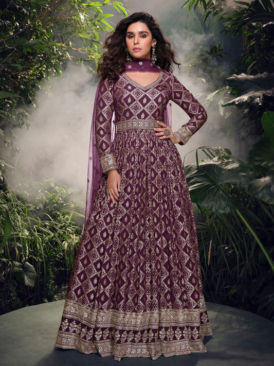 Simar Jacquard Festive Readymade Gown in Purple with Zari work-750058