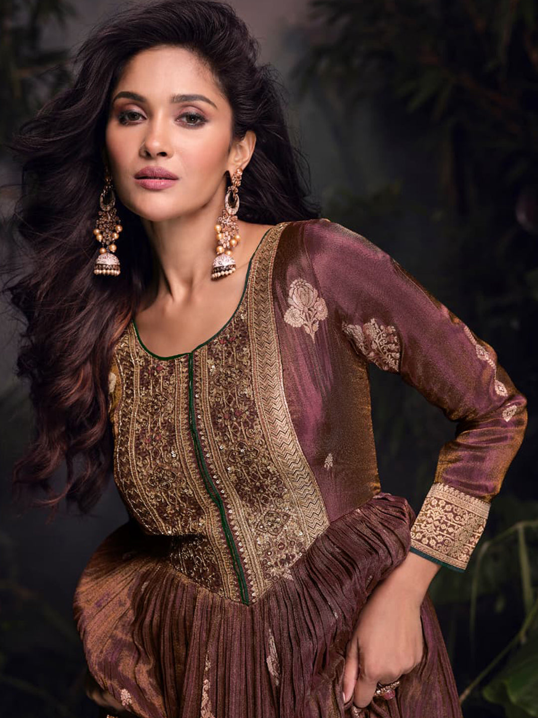 Simar Jacquard Festive Readymade Gown in Brown with Zari work-750059