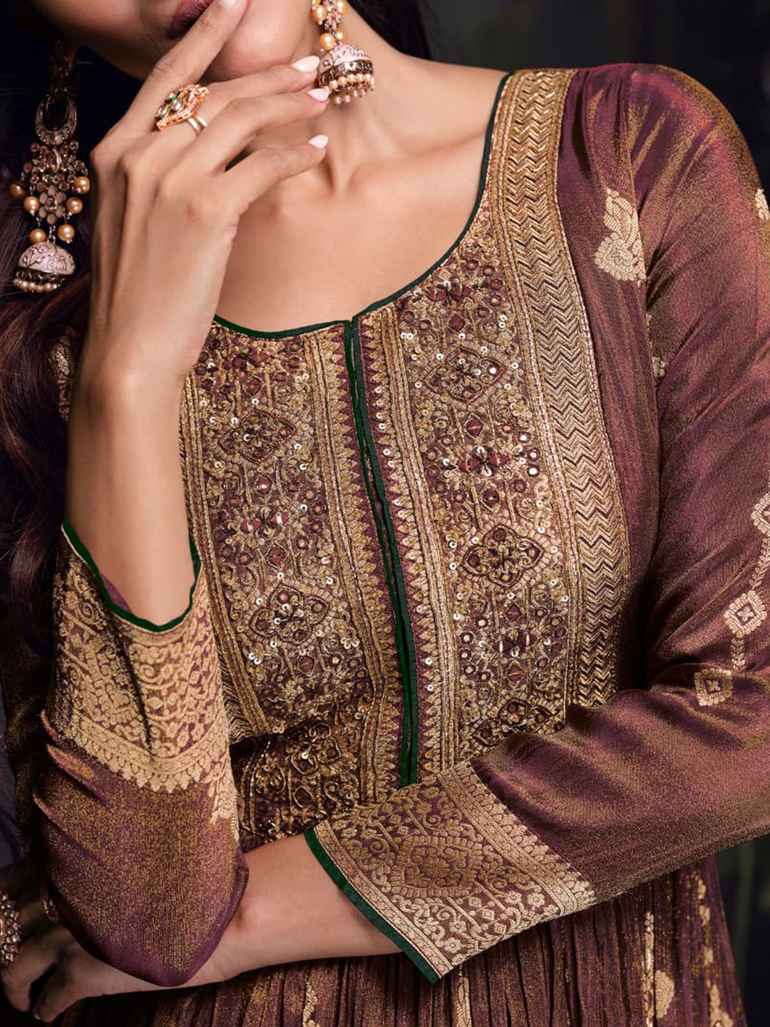 Simar Jacquard Festive Readymade Gown in Brown with Zari work-750059