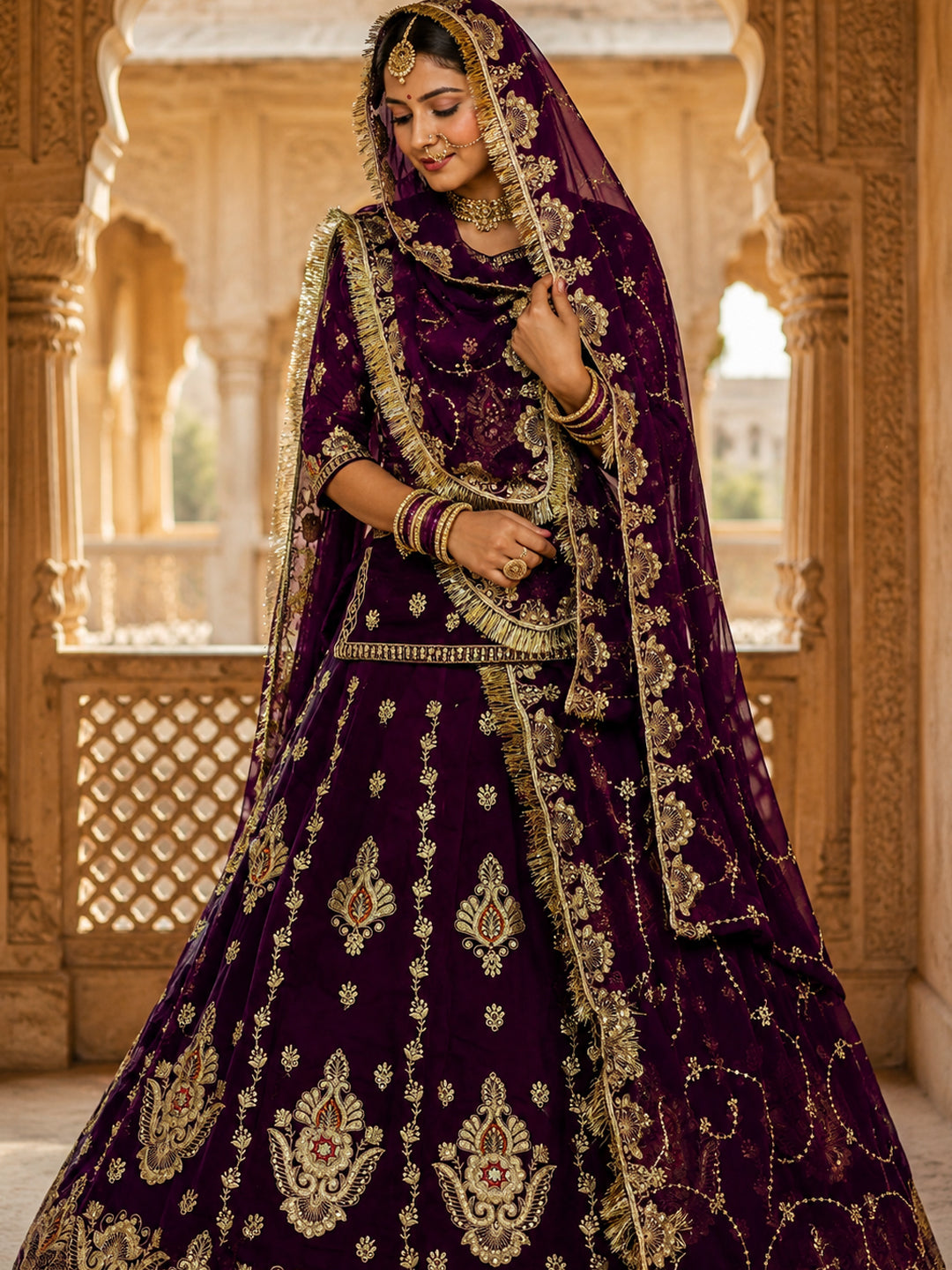 Deep Purple Half Pure Rajputi Poshak with Heavy Gold Zari Sequence work -91986