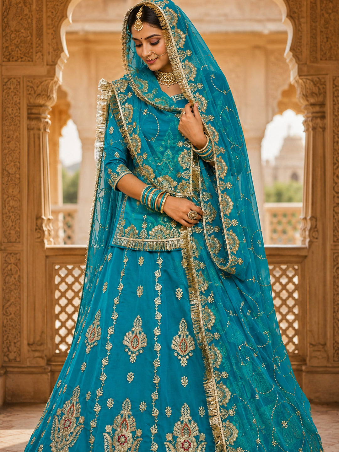 Blue Half Pure Rajputi Poshak with Heavy Gold Zari Sequence work -91987