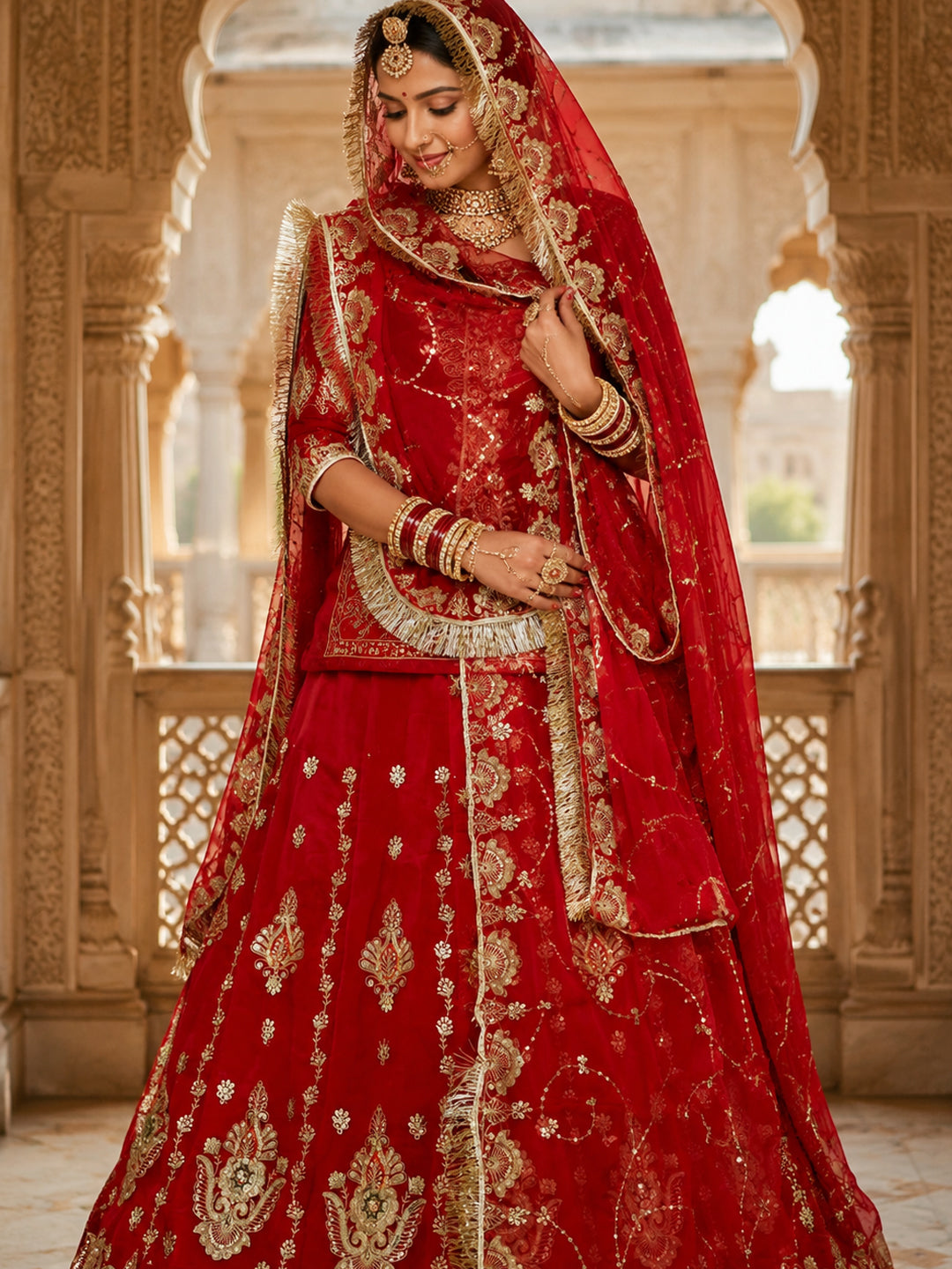 Red Half Pure Rajputi Poshak with Heavy Gold Zari Sequence work -91989
