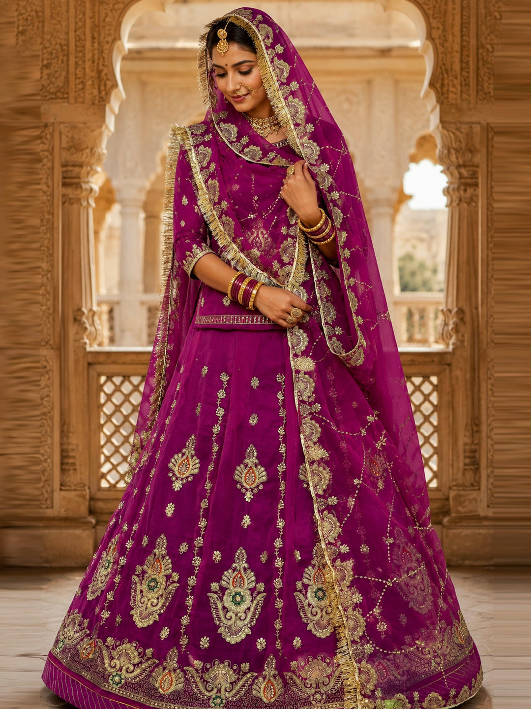 Purple Half Pure Rajputi Poshak with Heavy Gold Zari Sequence work -91990