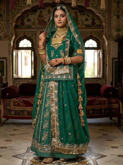 Blue Premium Tissue Organza Wedding Wear Rajputi Poshak for Women -91908
