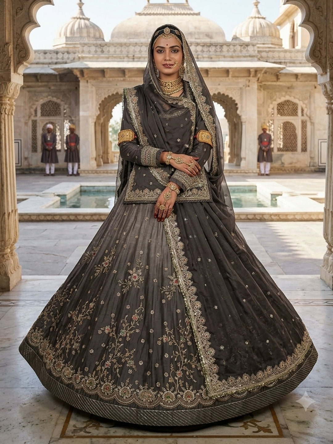Double Shaded  4-Meter Flare Vintage Rajasthani Simar Silk Rajputi Poshak for Women-92067