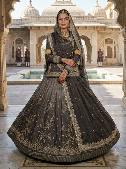 Double Shaded  4-Meter Flare Vintage Rajasthani Simar Silk Rajputi Poshak for Women-92067