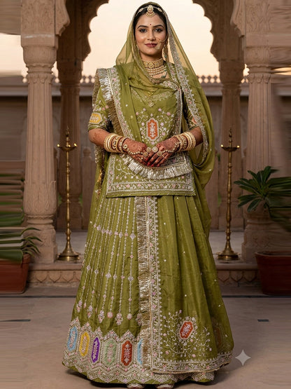 Premium Green Fandy Silk Wedding Poshak – 4 Meter Volume Flare Partywear for Women -91959