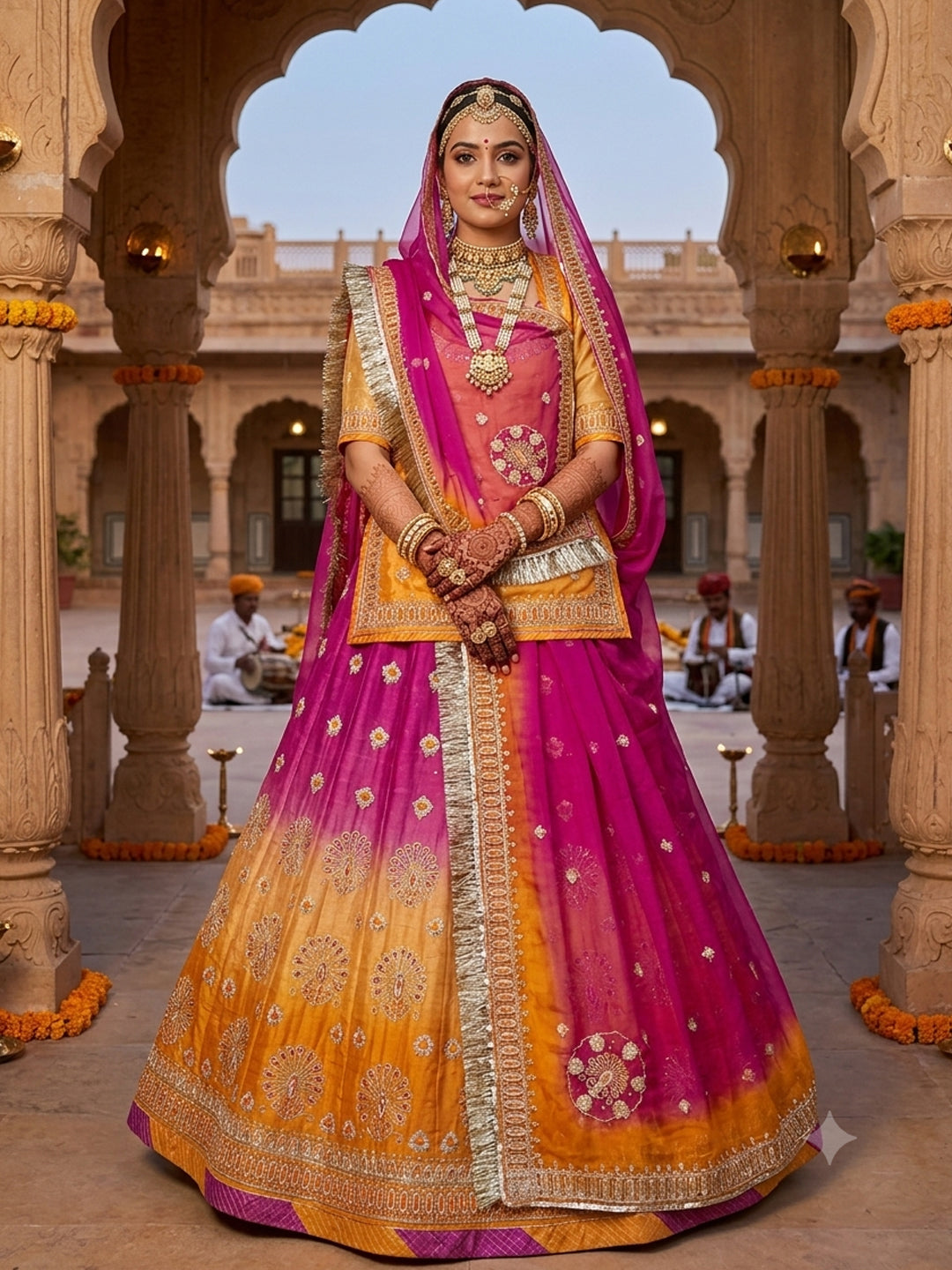 Double Shaded Gold Crush Rajputi Poshak | Wedding Partywear for Women-91964