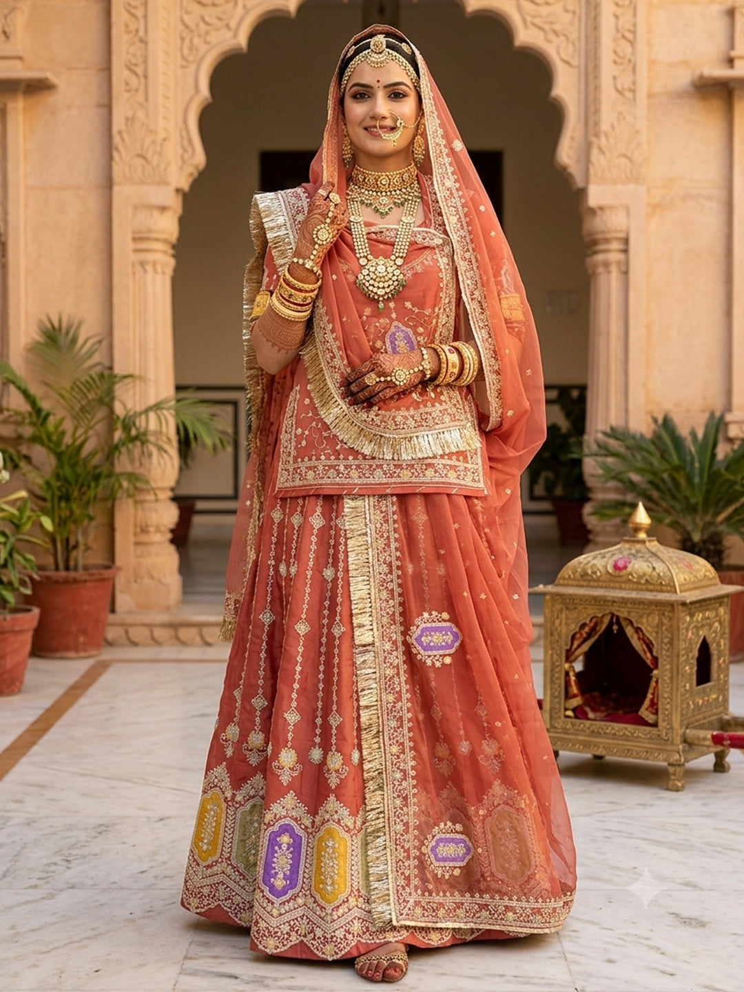 Premium Peach Fandy Silk Wedding Poshak – 4 Meter Volume Flare Partywear for Women -91960