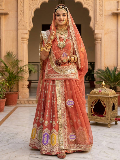 Premium Peach Fandy Silk Wedding Poshak – 4 Meter Volume Flare Partywear for Women -91960