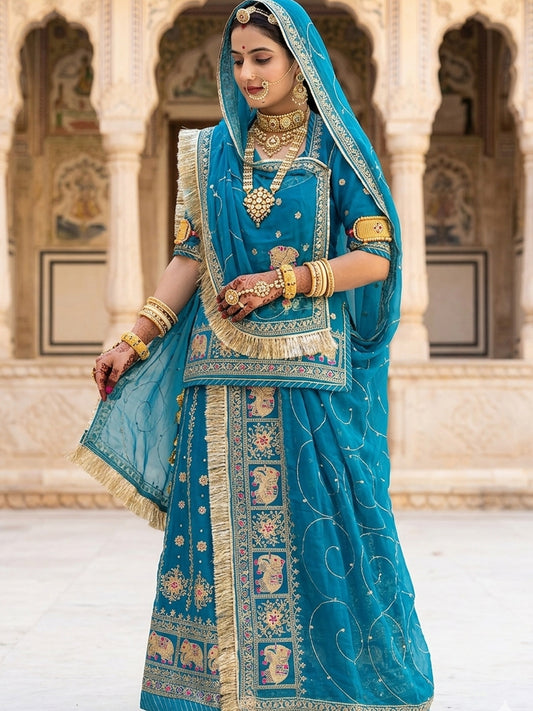 Blue Premium Half Pure Rajputi Poshak with Traditional Lafa and Sequence Work for Woman-91919