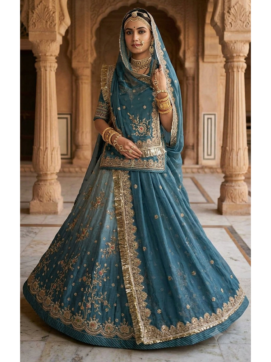 Double Shaded  4-Meter Flare Vintage Rajasthani Simar Silk Rajputi Poshak for Women-92068