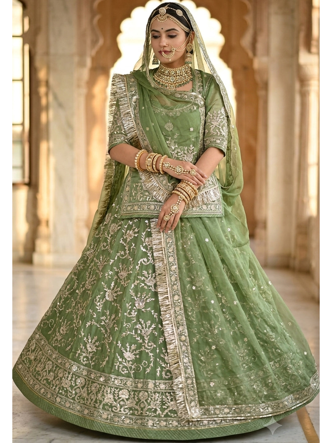 Half Pure Rajputi Poshak - Traditional Rajasthani Dress with Multi Jari Sequence Work-92054
