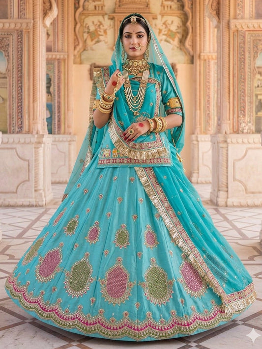 Blue Premium Vintage Humrahi Pure Rajputi Poshak – 5 Meter Flare Wedding Wear for Women-91944