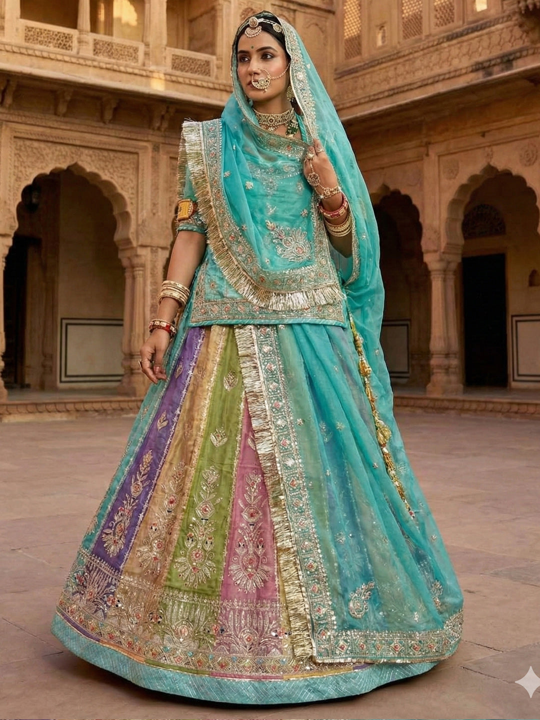 Gold Crush 4 Meter Flare Premium quality Bridal Rajputi Poshak In Blue color-91607