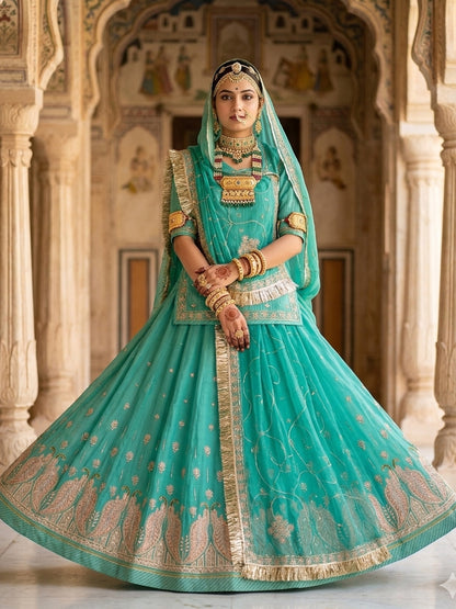 Green Half Pure Rajputi Poshak with Traditional Lafa and Sequence Work-91924