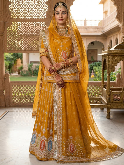 Premium Yellow Fandy Silk Wedding Poshak – 4 Meter Volume Flare Partywear for Women -91961