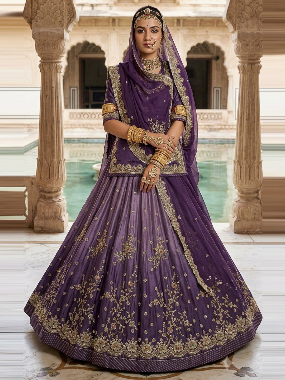 Double Shaded  4-Meter Flare Vintage Rajasthani Simar Silk Rajputi Poshak for Women-92069