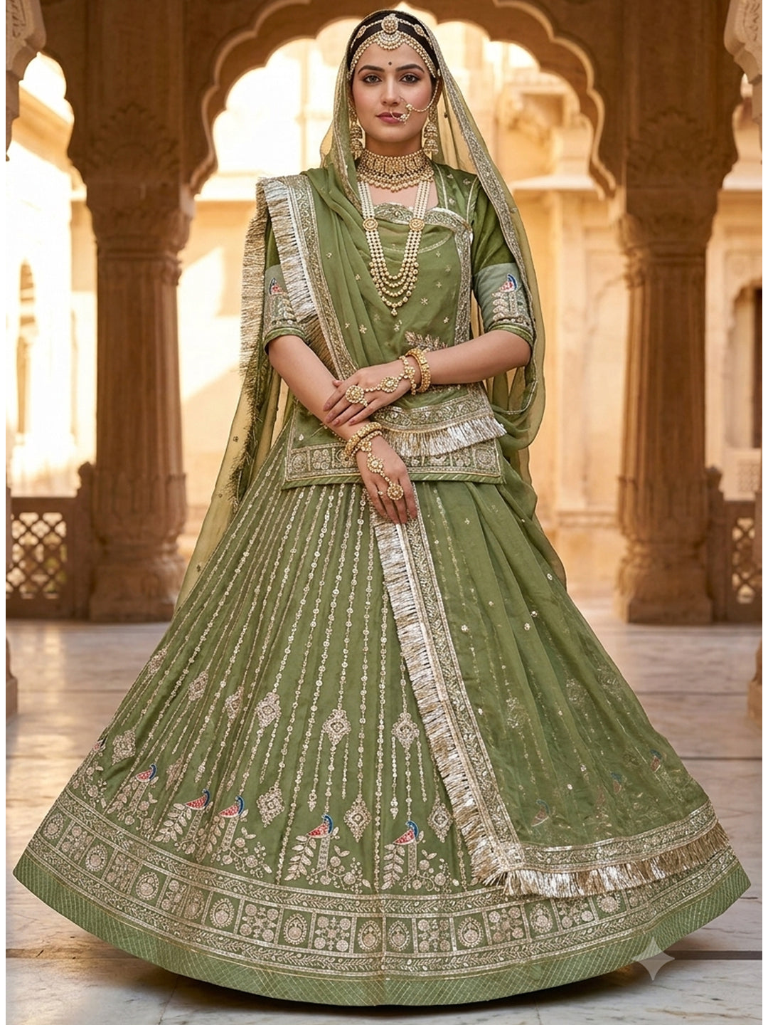 Half Pure Rajputi Poshak - Traditional Rajasthani Dress with Multi Jari Sequence Work-92065