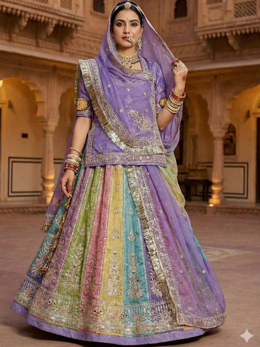 Gold Crush 4 Meter Flare Premium quality Bridal Rajputi Poshak In Purple color-91606