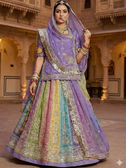 Gold Crush 4 Meter Flare Premium quality Bridal Rajputi Poshak In Purple color-91606