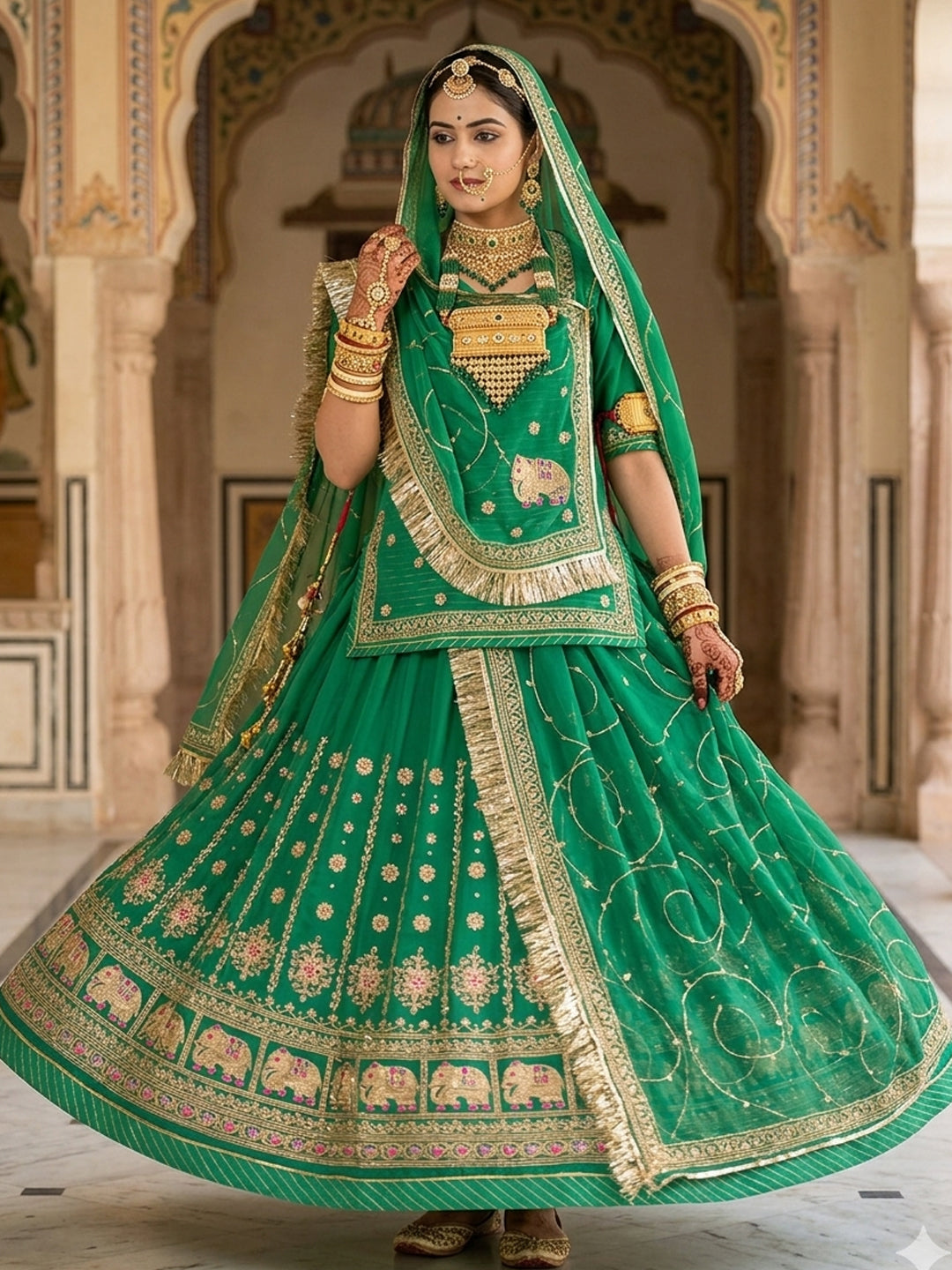 Green Premium Half Pure Rajputi Poshak with Traditional Lafa and Sequence Work for Woman-91917