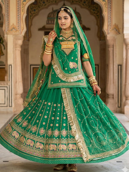 Green Premium Half Pure Rajputi Poshak with Traditional Lafa and Sequence Work for Woman-91917