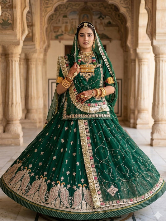 Green Half Pure Rajputi Poshak with Traditional Lafa and Sequence Work-91925
