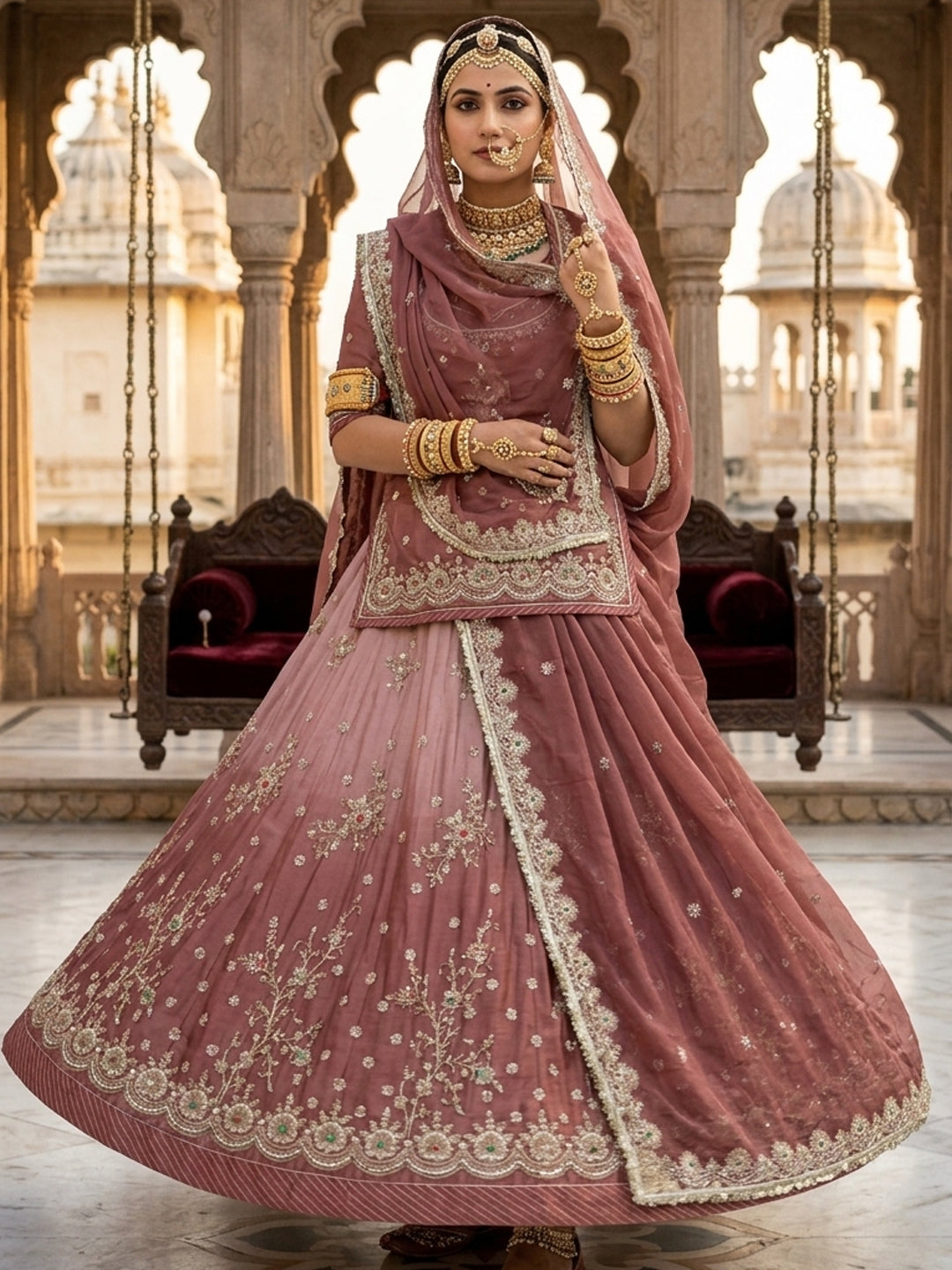 Double Shaded  4-Meter Flare Vintage Rajasthani Simar Silk Rajputi Poshak for Women-92070