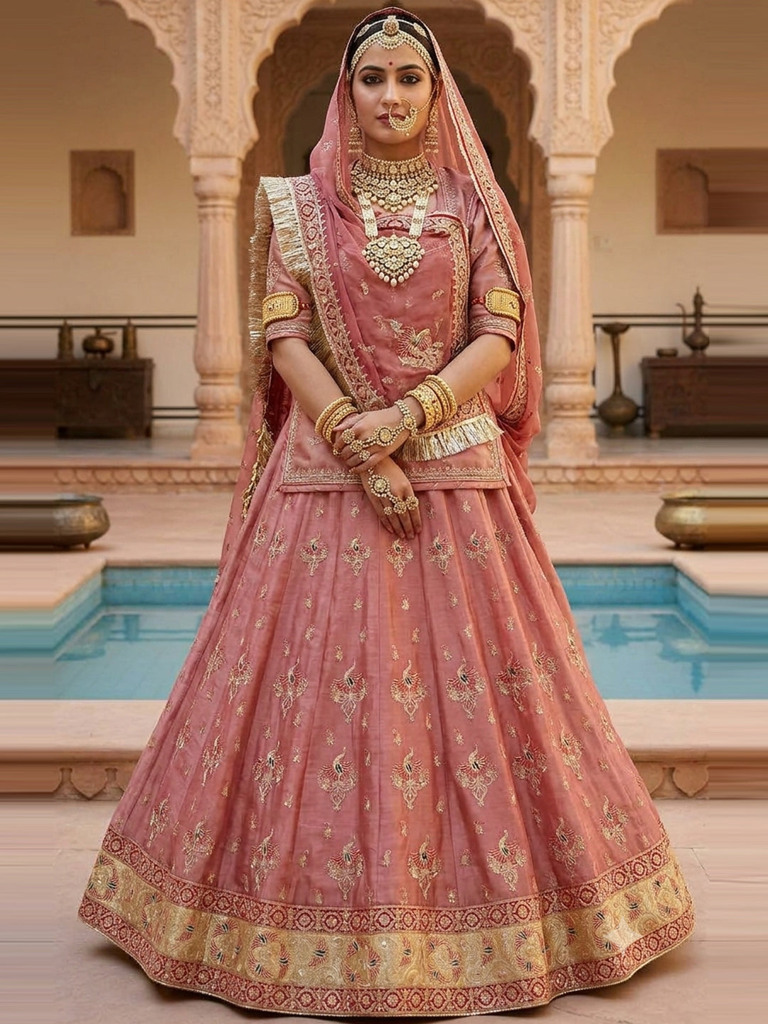 4-Meter Flare Vintage Rajasthani Gabana Tissue Silk Rajputi Poshak for Women-92048