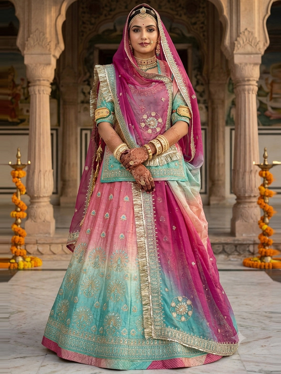 Double Shaded Gold Crush Rajputi Poshak | Wedding Partywear for Women-91965
