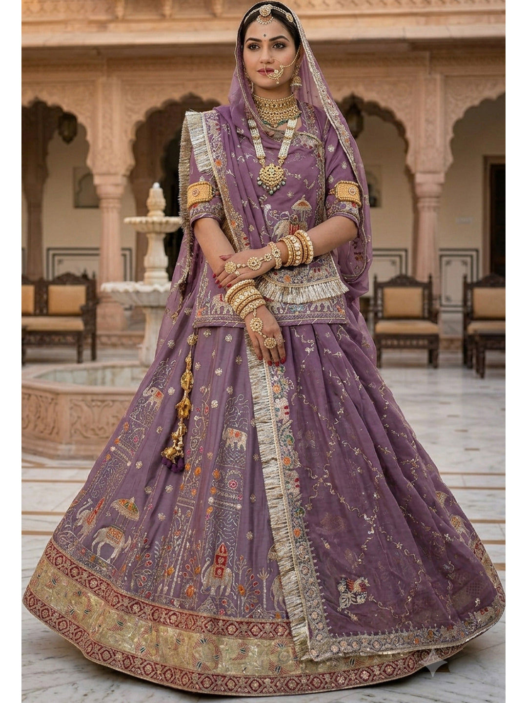 4-Meter Flare Vintage Rajasthani Gabana Tissue Silk Rajputi Poshak for Women-92049