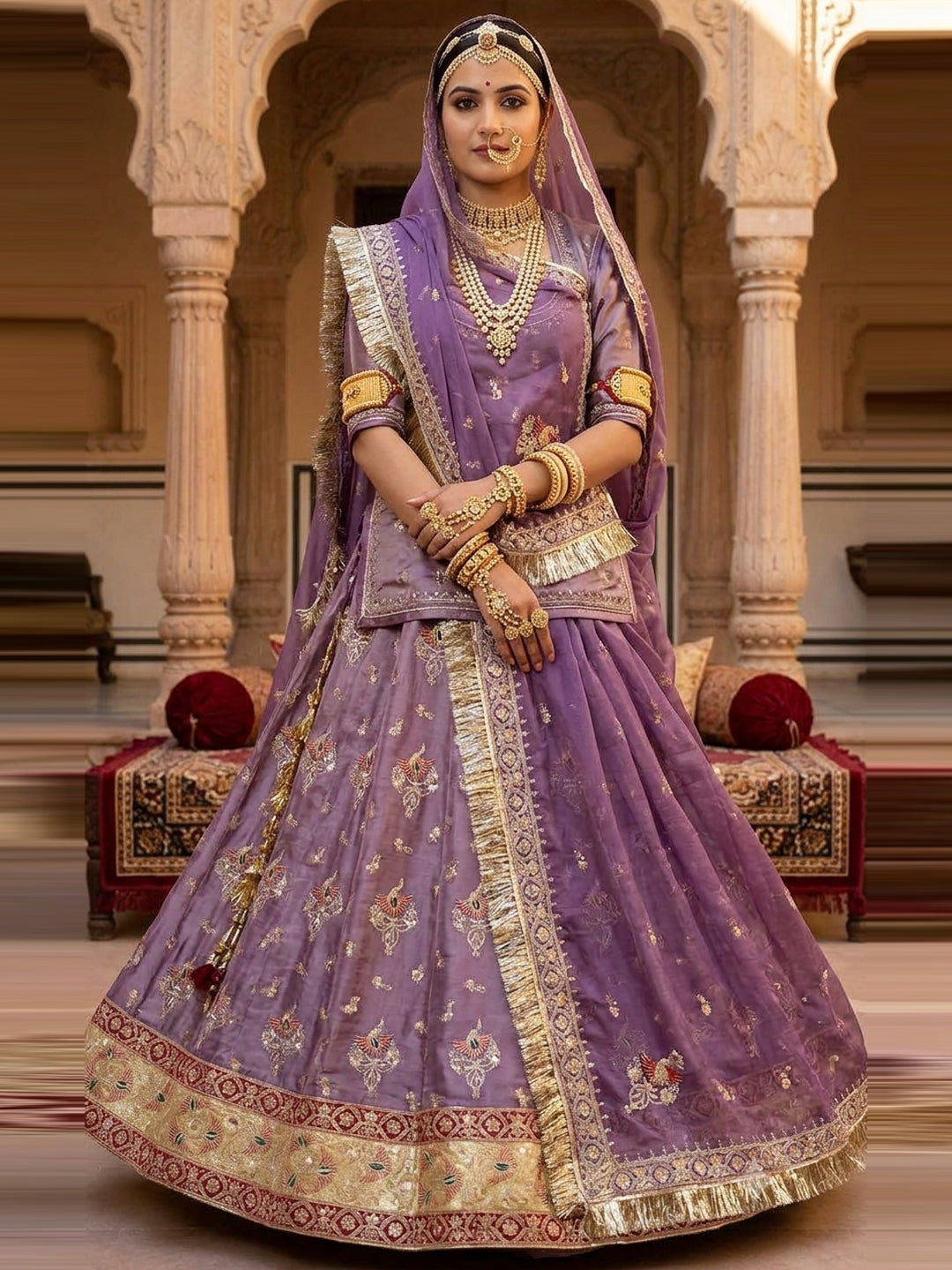 4-Meter Flare Vintage Rajasthani Gabana Tissue Silk Rajputi Poshak for Women-92051